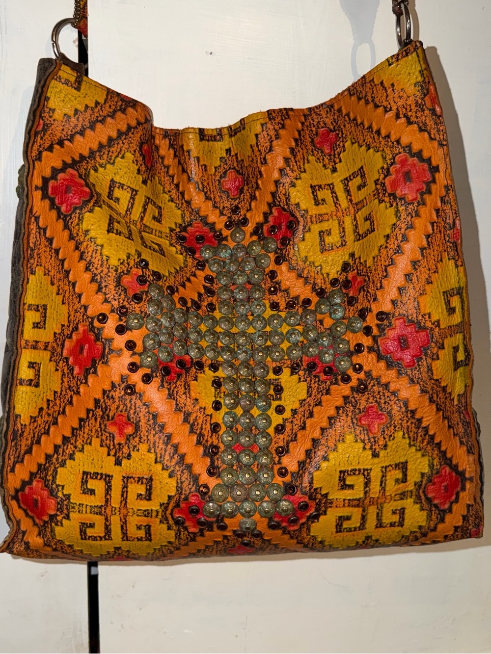 KurtMen Aztec Embossed Boho Shoulder Bag in Red, Orange, & Yellow Crosses Cross